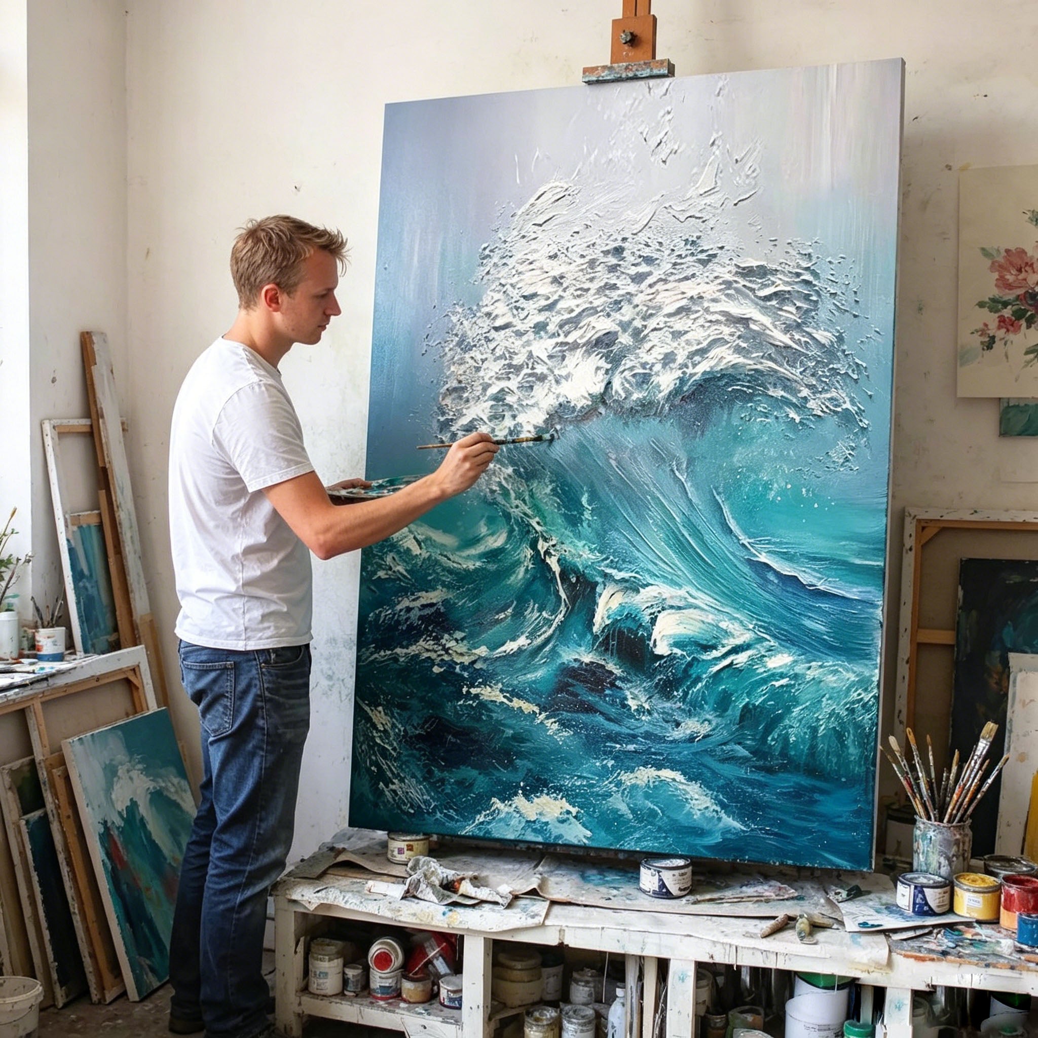 Thick Impasto Crashing Ocean Wave Oil Painting, Textured Palette Knife Seascape Canvas Wall Art, Turquoise Blue Sea Surf Decor