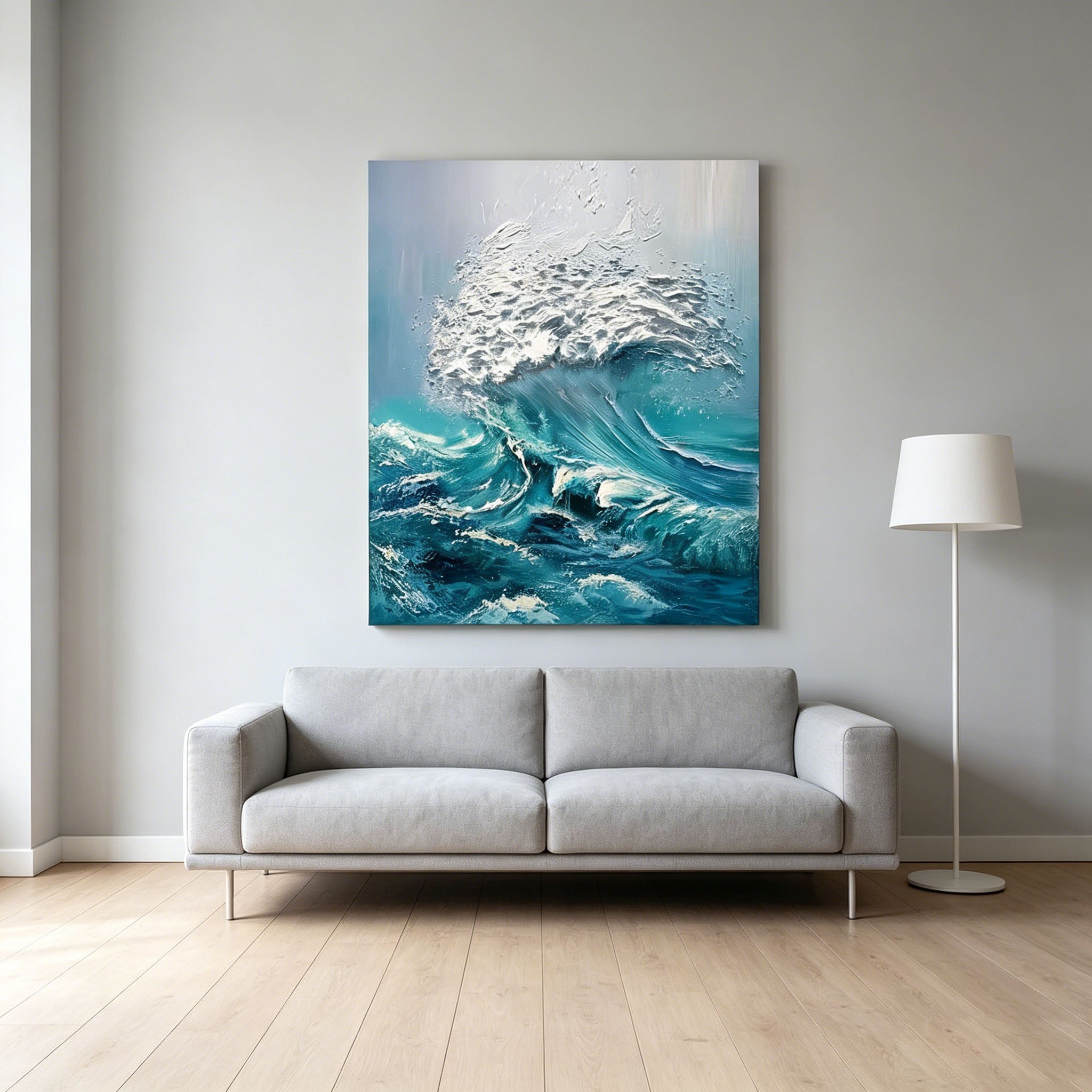 Thick Impasto Crashing Ocean Wave Oil Painting, Textured Palette Knife Seascape Canvas Wall Art, Turquoise Blue Sea Surf Decor