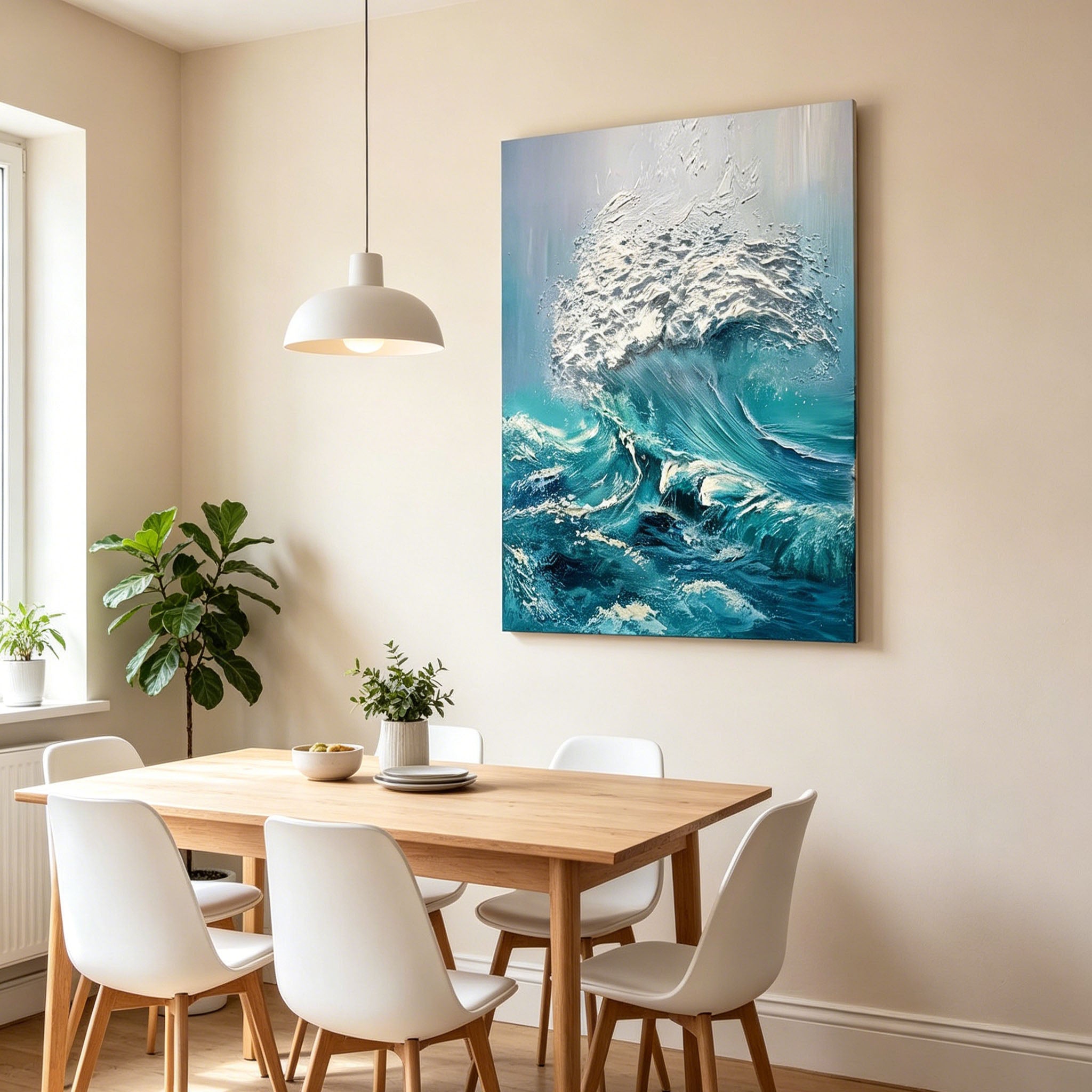 Thick Impasto Crashing Ocean Wave Oil Painting, Textured Palette Knife Seascape Canvas Wall Art, Turquoise Blue Sea Surf Decor