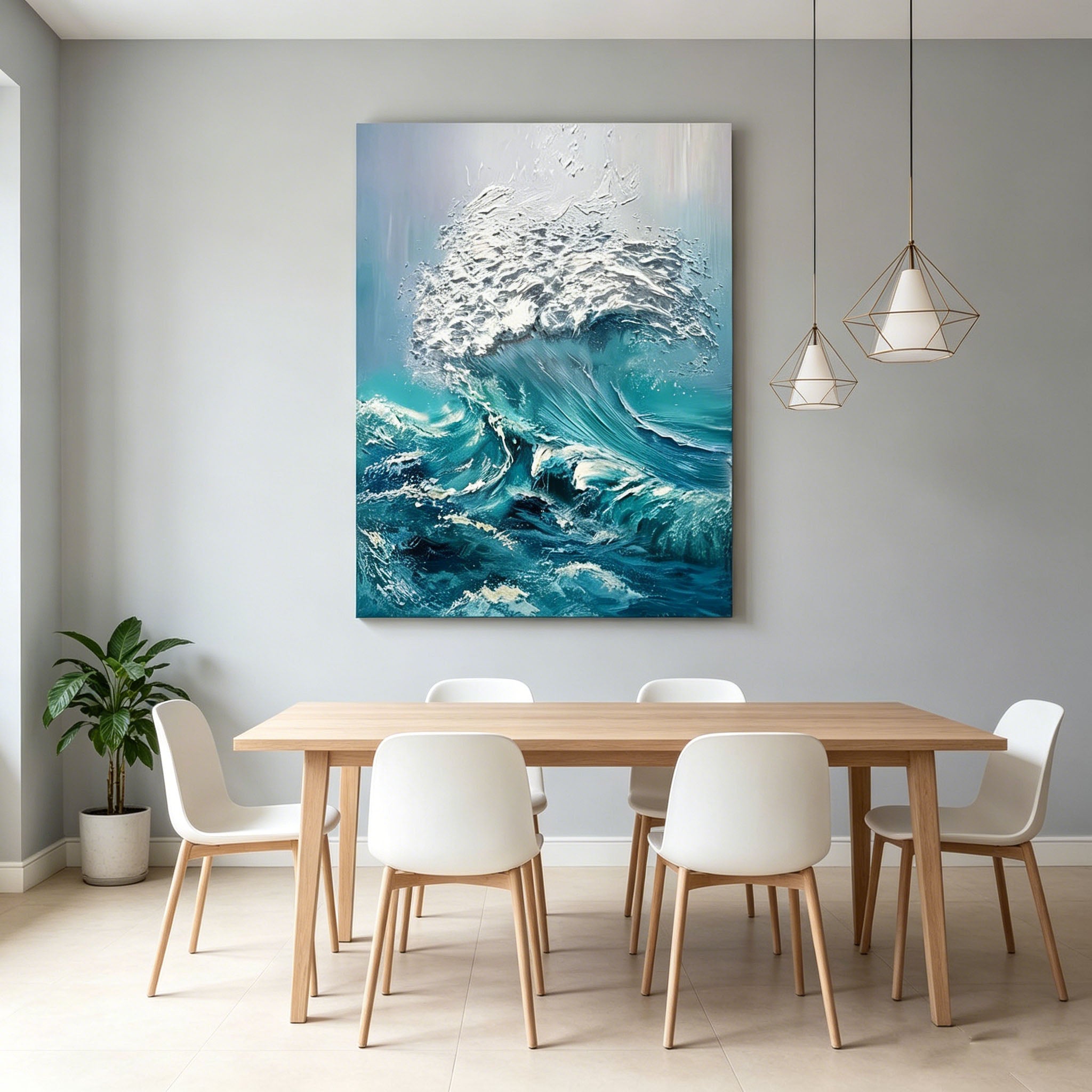 Thick Impasto Crashing Ocean Wave Oil Painting, Textured Palette Knife Seascape Canvas Wall Art, Turquoise Blue Sea Surf Decor