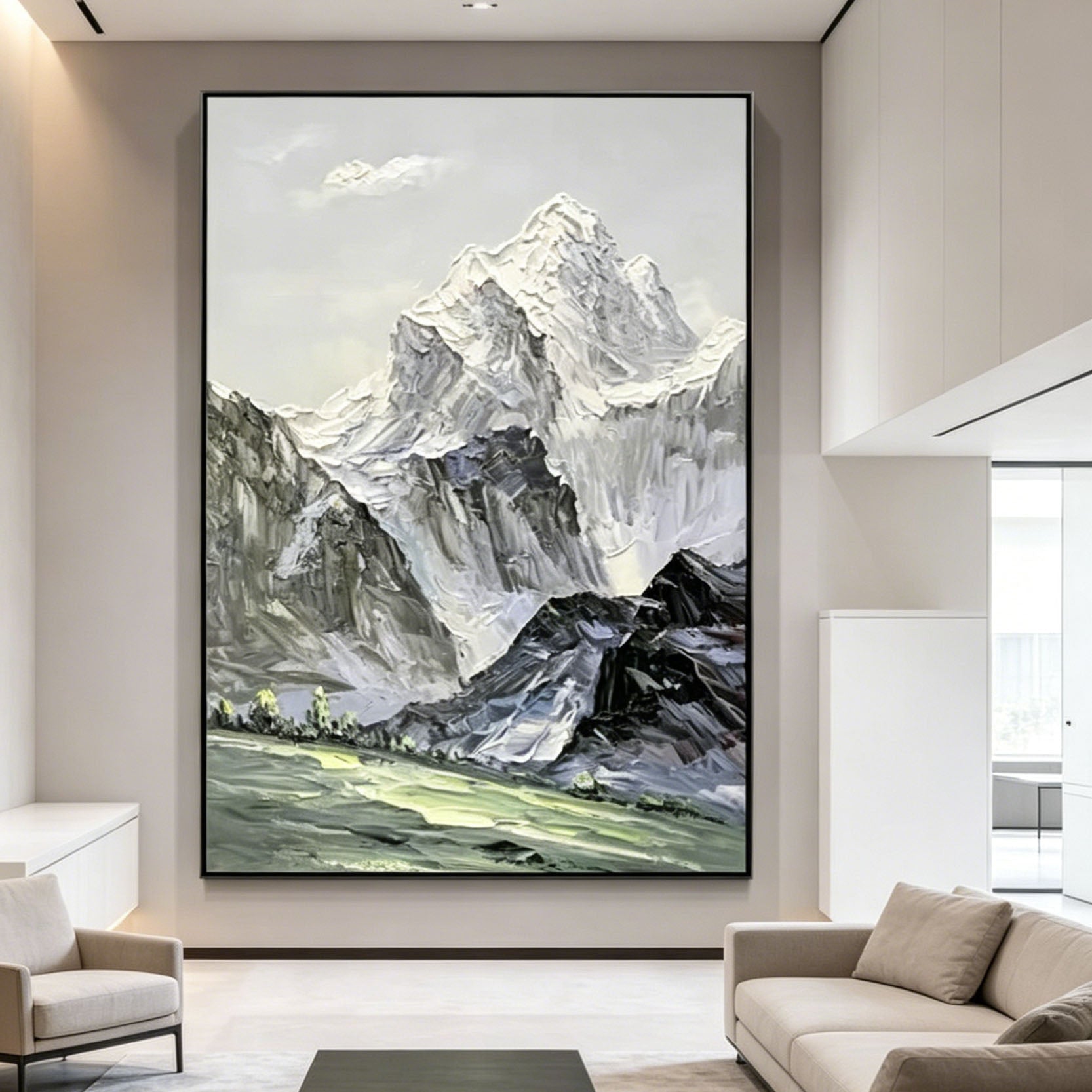 Thick Impasto Snow Mountain Landscape Oil Painting, Textured Palette Knife Alpine Mountain Canvas Wall Art, Neutral Mountain Scenery Decor