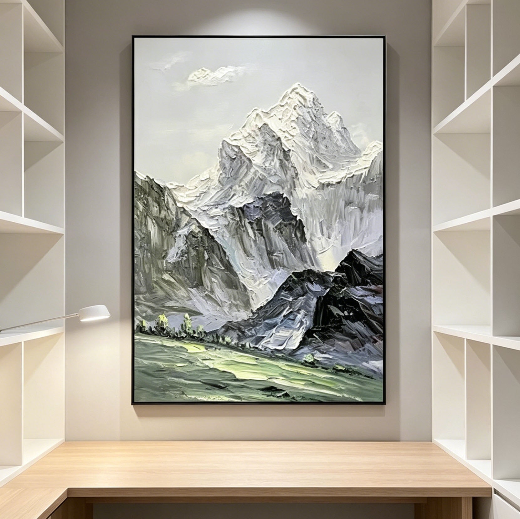 Thick Impasto Snow Mountain Landscape Oil Painting, Textured Palette Knife Alpine Mountain Canvas Wall Art, Neutral Mountain Scenery Decor