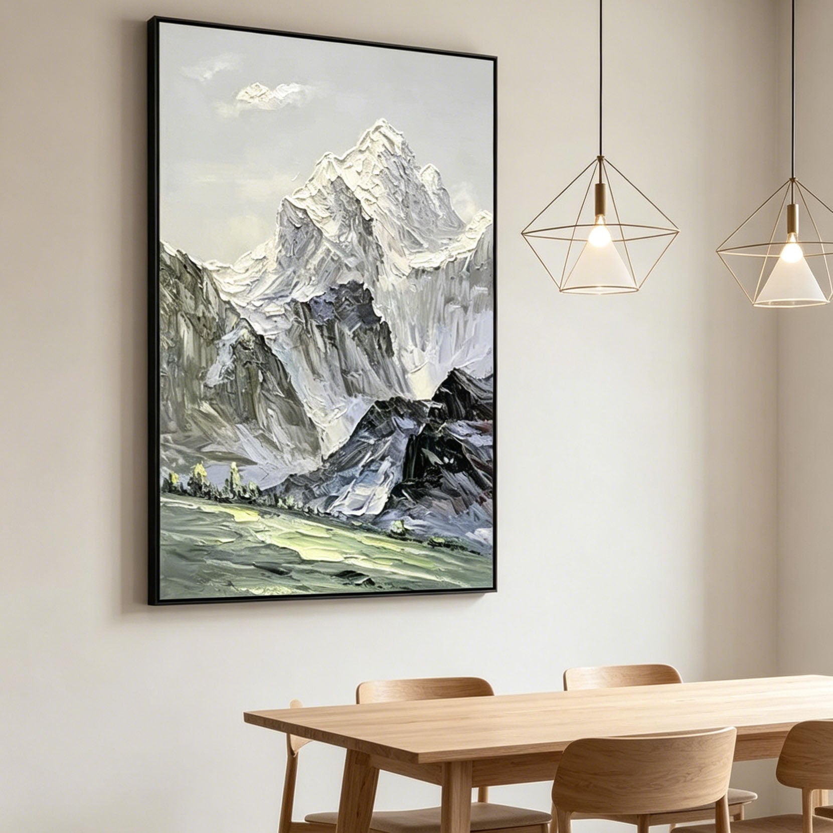 Thick Impasto Snow Mountain Landscape Oil Painting, Textured Palette Knife Alpine Mountain Canvas Wall Art, Neutral Mountain Scenery Decor