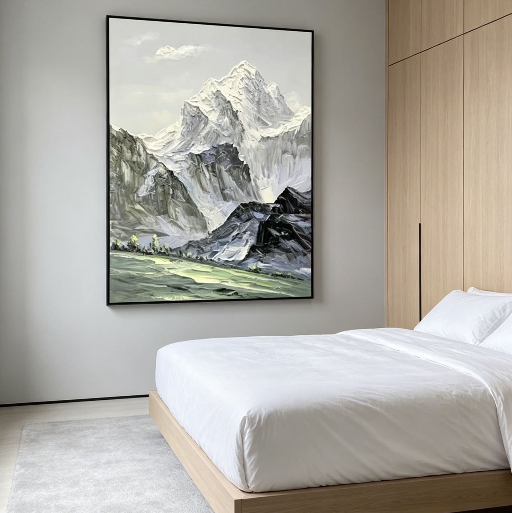 Thick Impasto Snow Mountain Landscape Oil Painting, Textured Palette Knife Alpine Mountain Canvas Wall Art, Neutral Mountain Scenery Decor