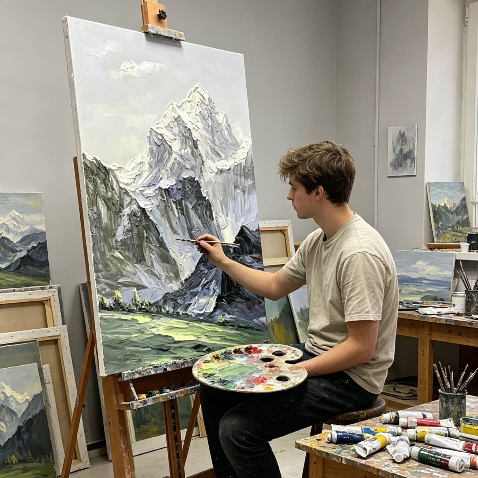 Thick Impasto Snow Mountain Landscape Oil Painting, Textured Palette Knife Alpine Mountain Canvas Wall Art, Neutral Mountain Scenery Decor