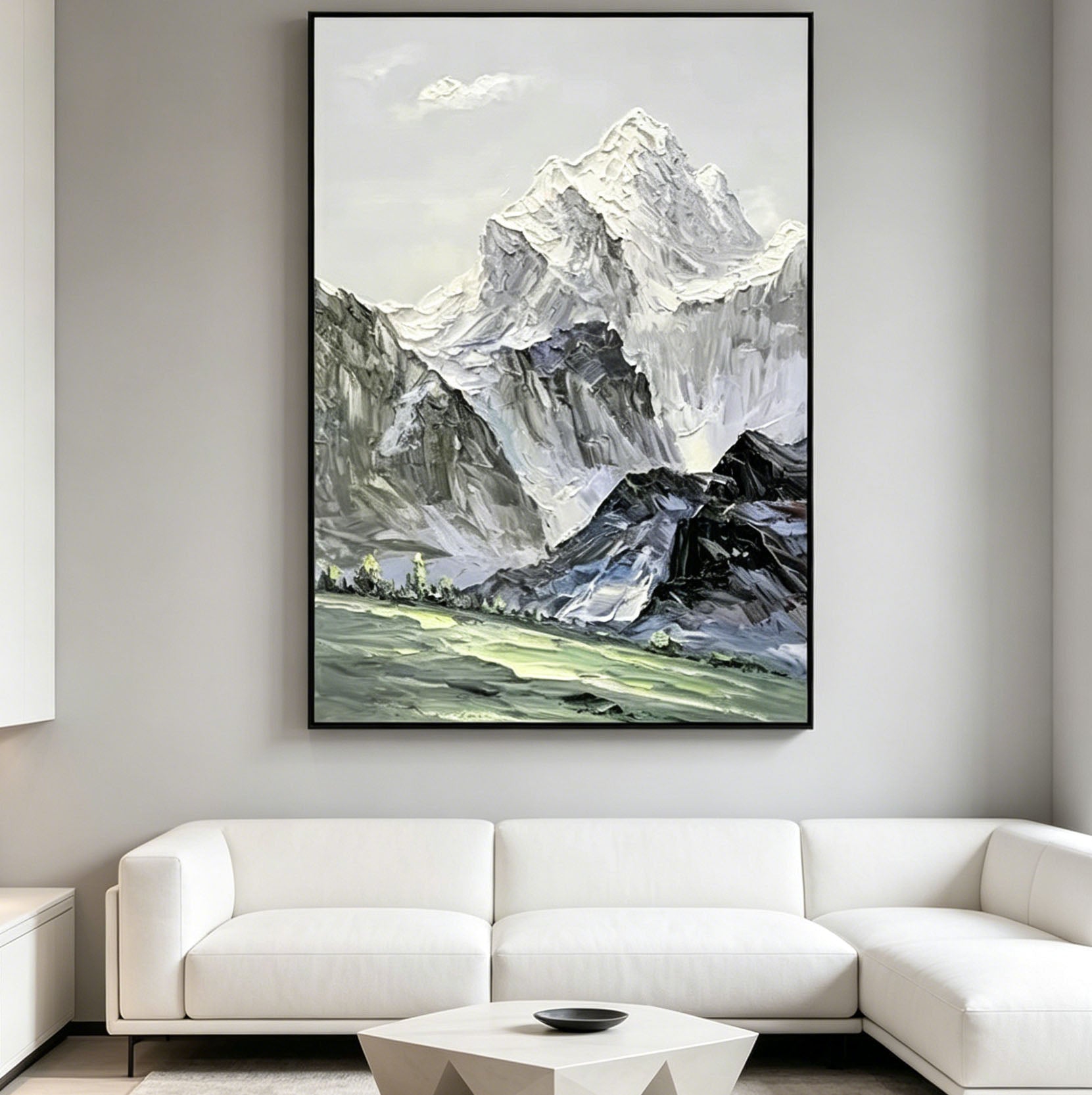Thick Impasto Snow Mountain Landscape Oil Painting, Textured Palette Knife Alpine Mountain Canvas Wall Art, Neutral Mountain Scenery Decor