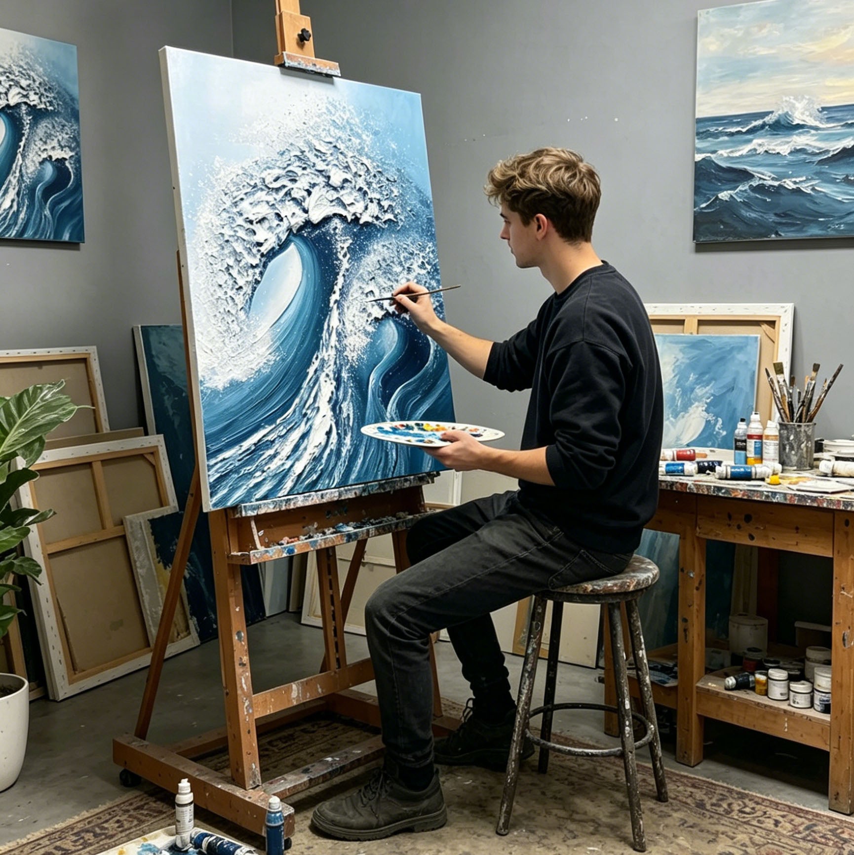 Thick Impasto Curling Ocean Wave Oil Painting, Textured Palette Knife Seascape Canvas Wall Art, Deep Blue Sea Surf Decor
