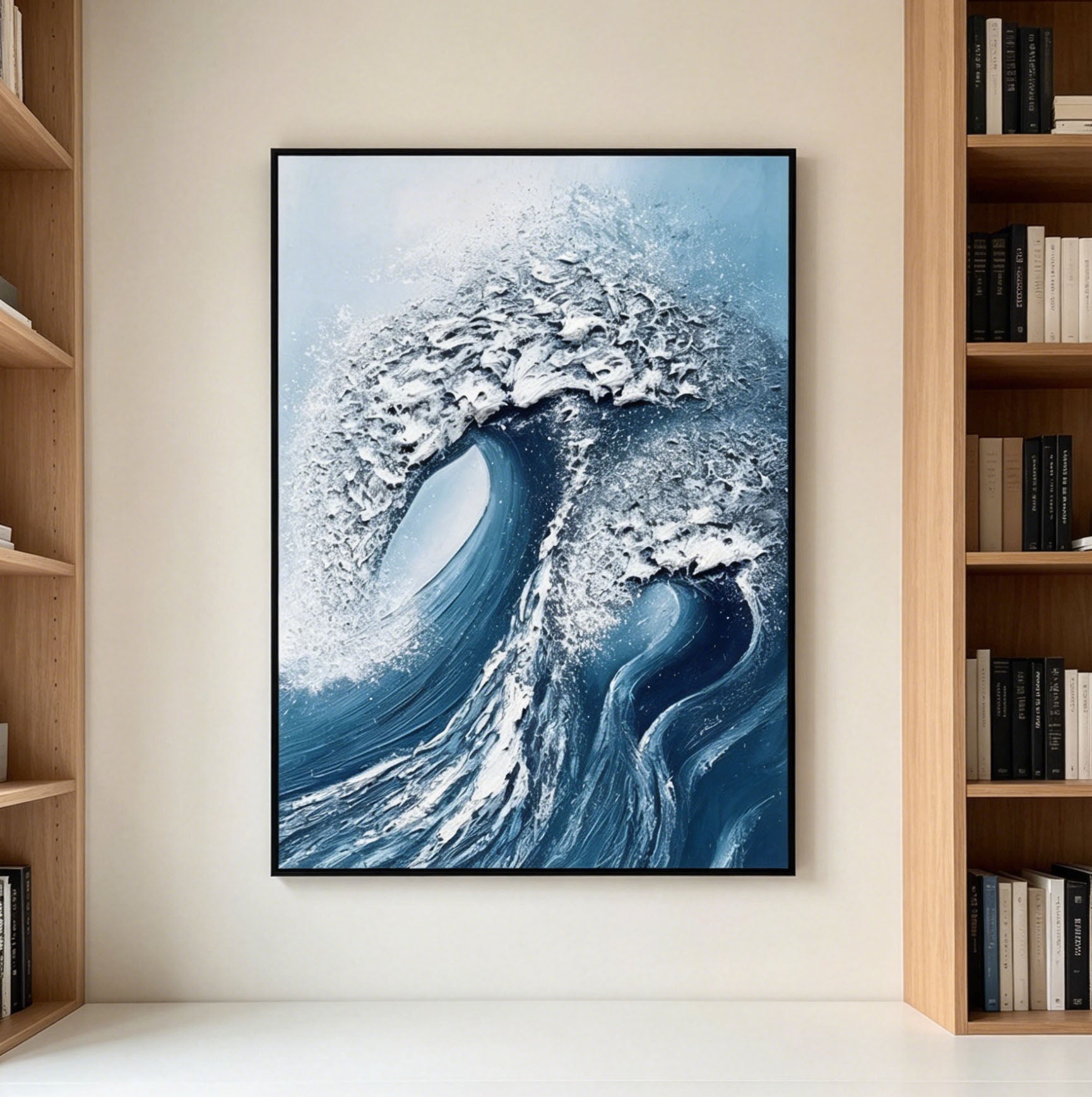 Thick Impasto Curling Ocean Wave Oil Painting, Textured Palette Knife Seascape Canvas Wall Art, Deep Blue Sea Surf Decor