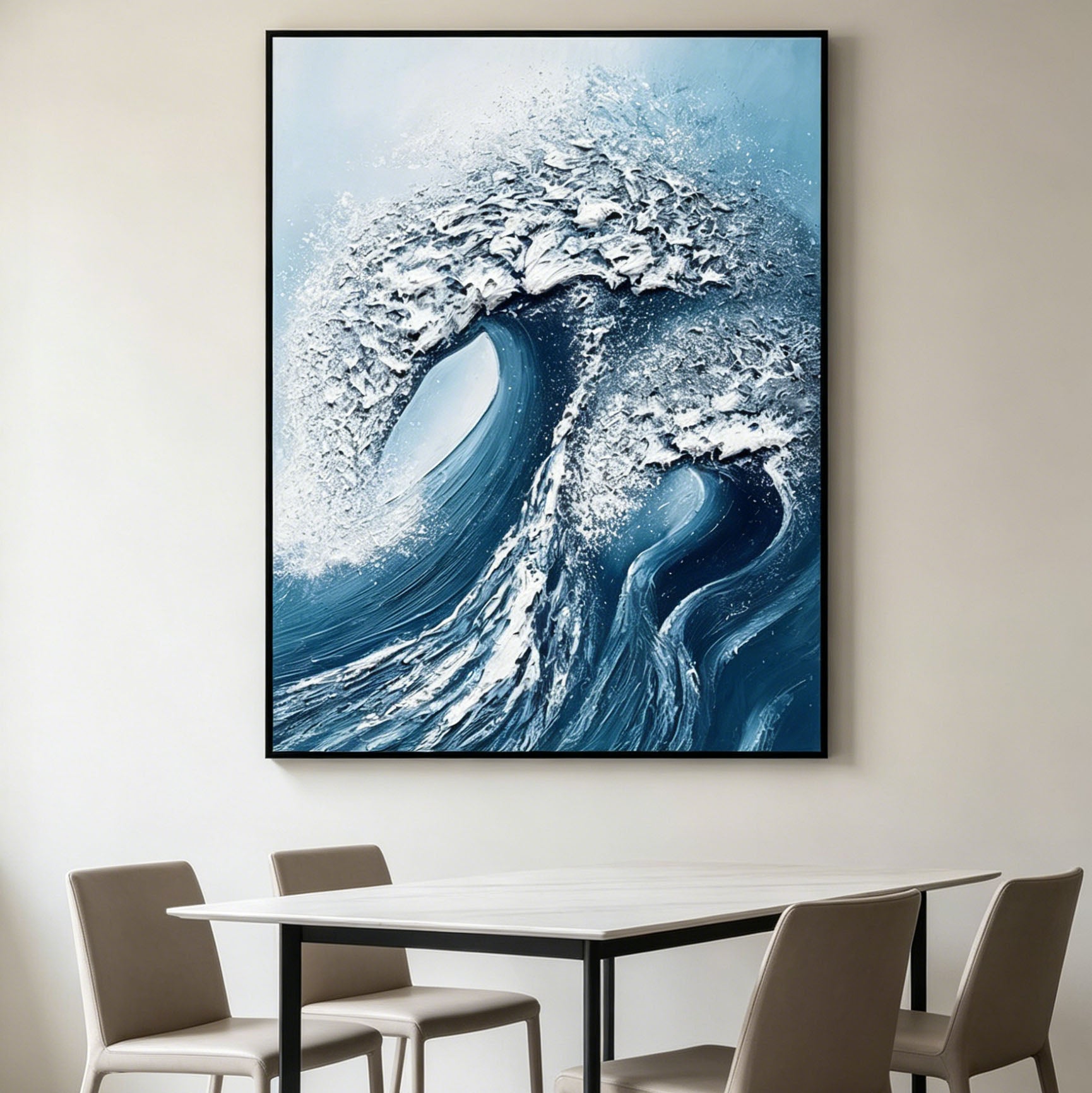 Thick Impasto Curling Ocean Wave Oil Painting, Textured Palette Knife Seascape Canvas Wall Art, Deep Blue Sea Surf Decor