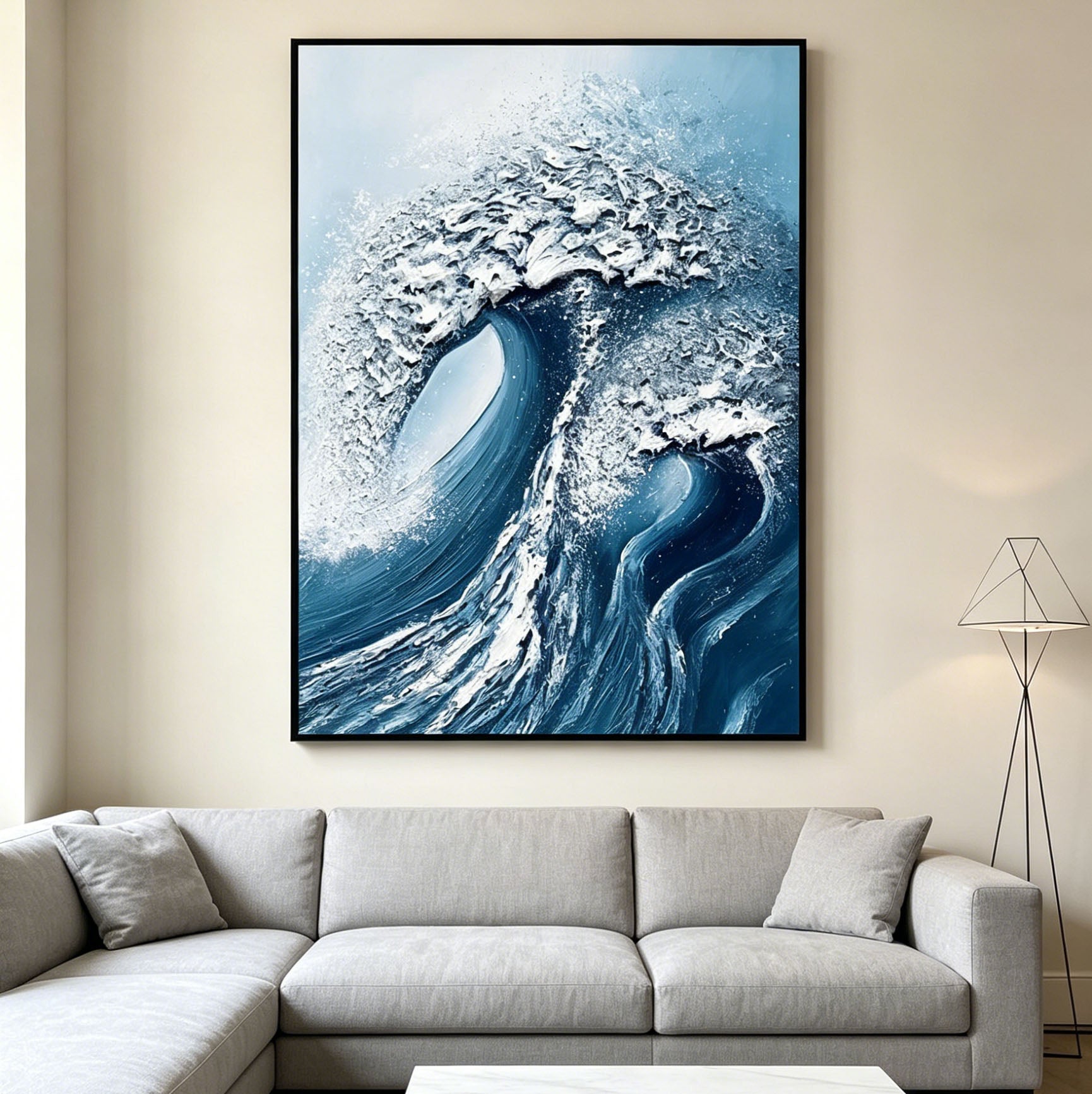 Thick Impasto Curling Ocean Wave Oil Painting, Textured Palette Knife Seascape Canvas Wall Art, Deep Blue Sea Surf Decor