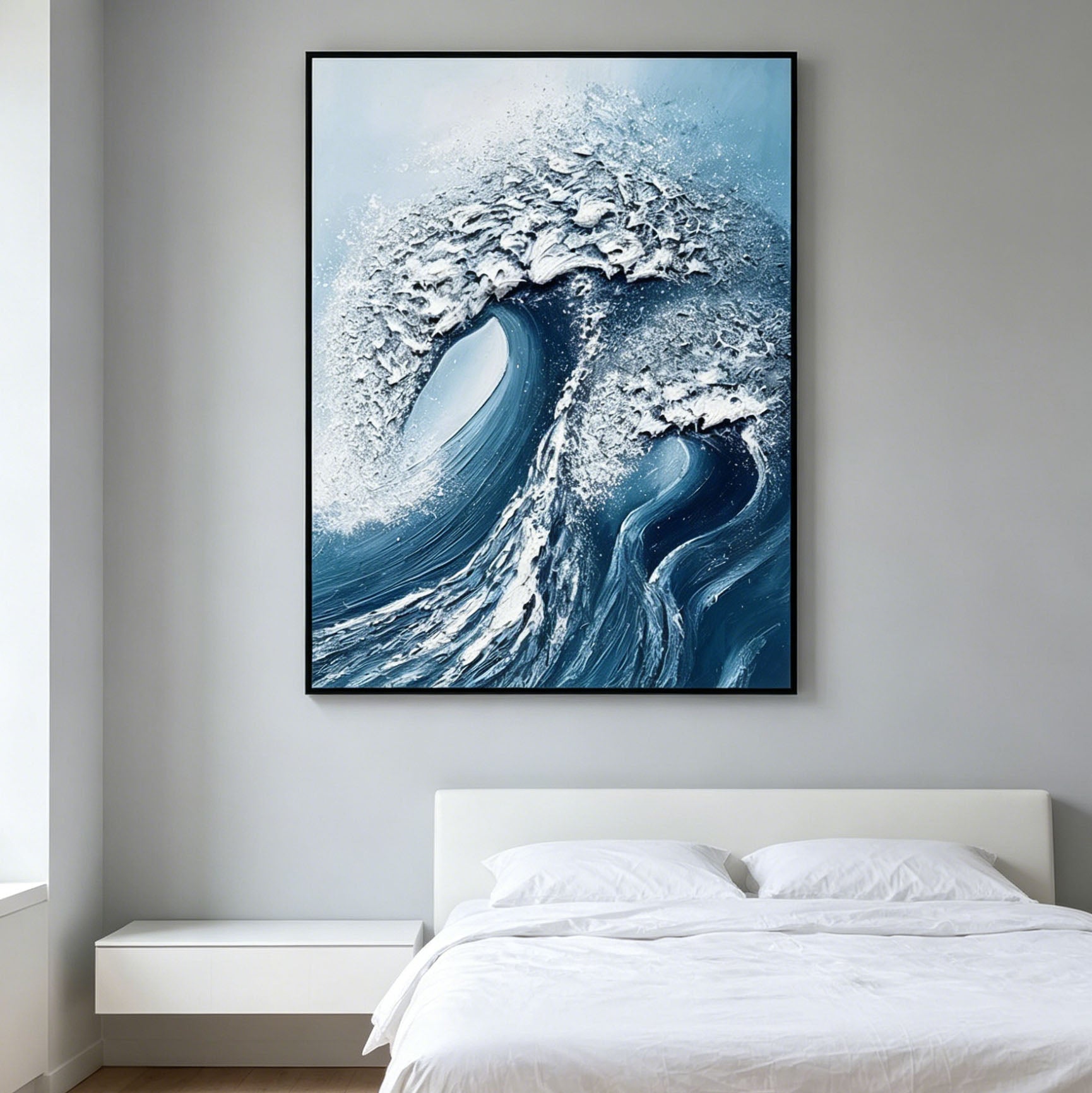 Thick Impasto Curling Ocean Wave Oil Painting, Textured Palette Knife Seascape Canvas Wall Art, Deep Blue Sea Surf Decor