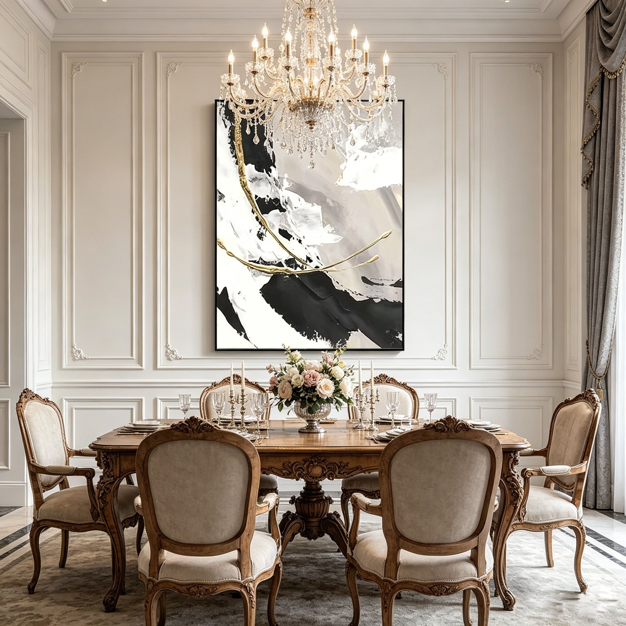 Black White Gold Foil Abstract Impasto Oil Painting, Textured Palette Knife Neutral Canvas Wall Art, Modern Luxury Contemporary Decor