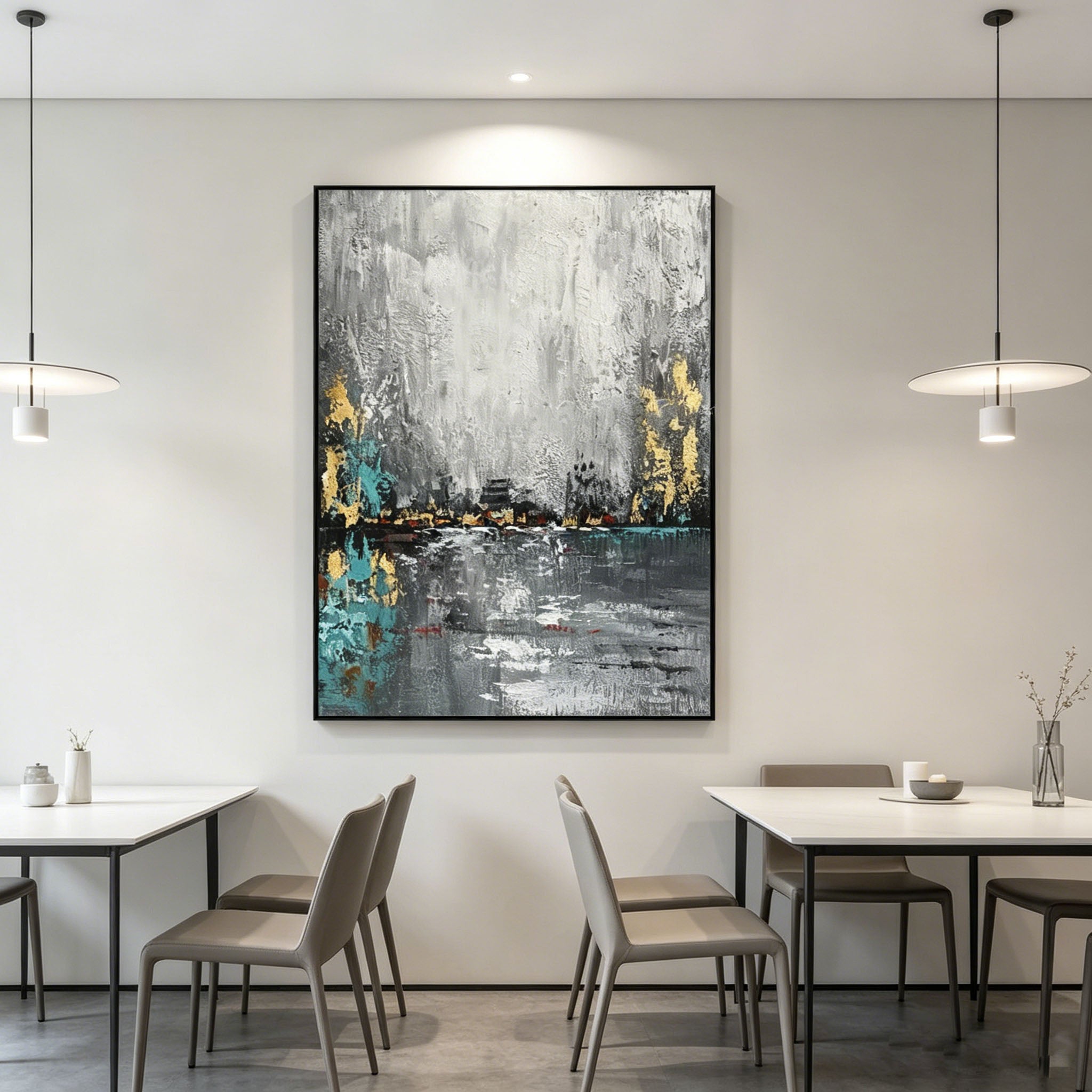 Gold Foil Abstract City Skyline Impasto Oil Painting, Textured Palette Knife Urban Lakeside Canvas Wall Art, Modern Grey Teal Cityscape Decor