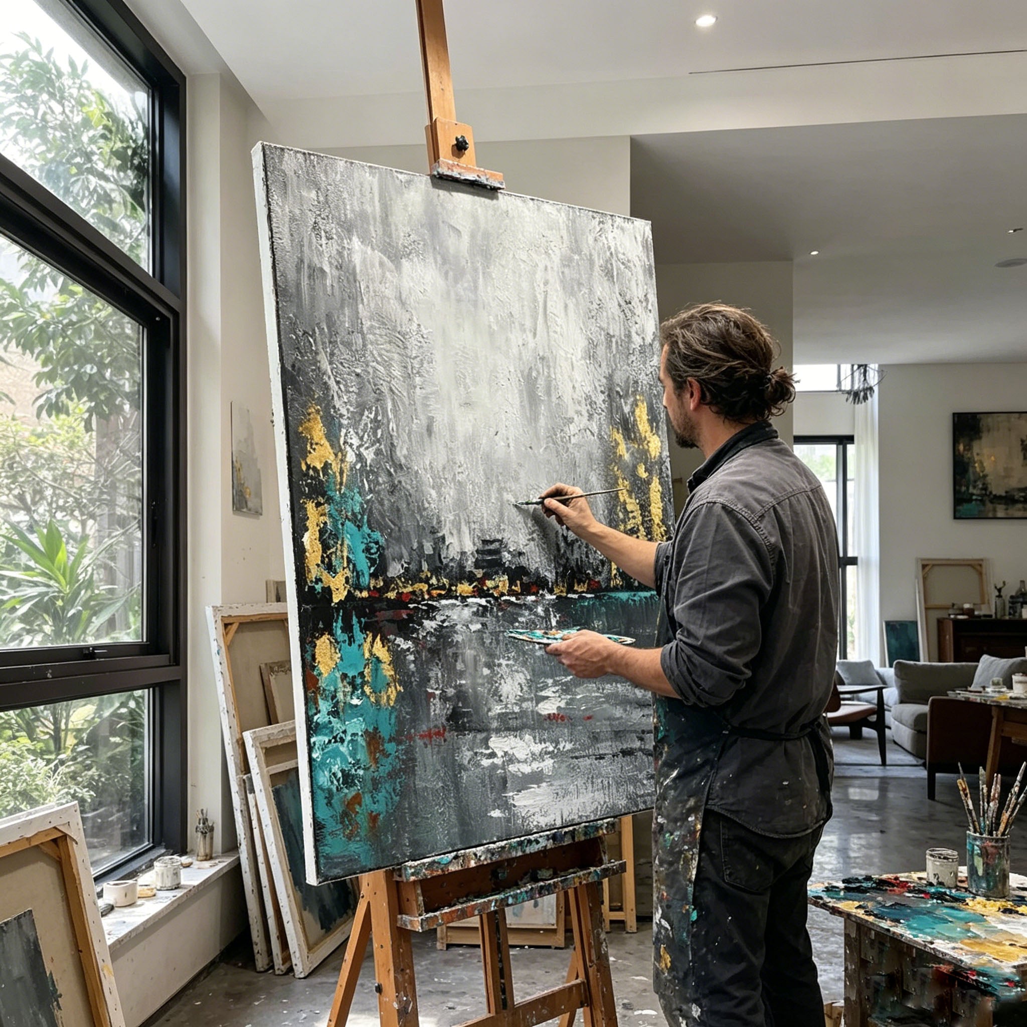 Gold Foil Abstract City Skyline Impasto Oil Painting, Textured Palette Knife Urban Lakeside Canvas Wall Art, Modern Grey Teal Cityscape Decor