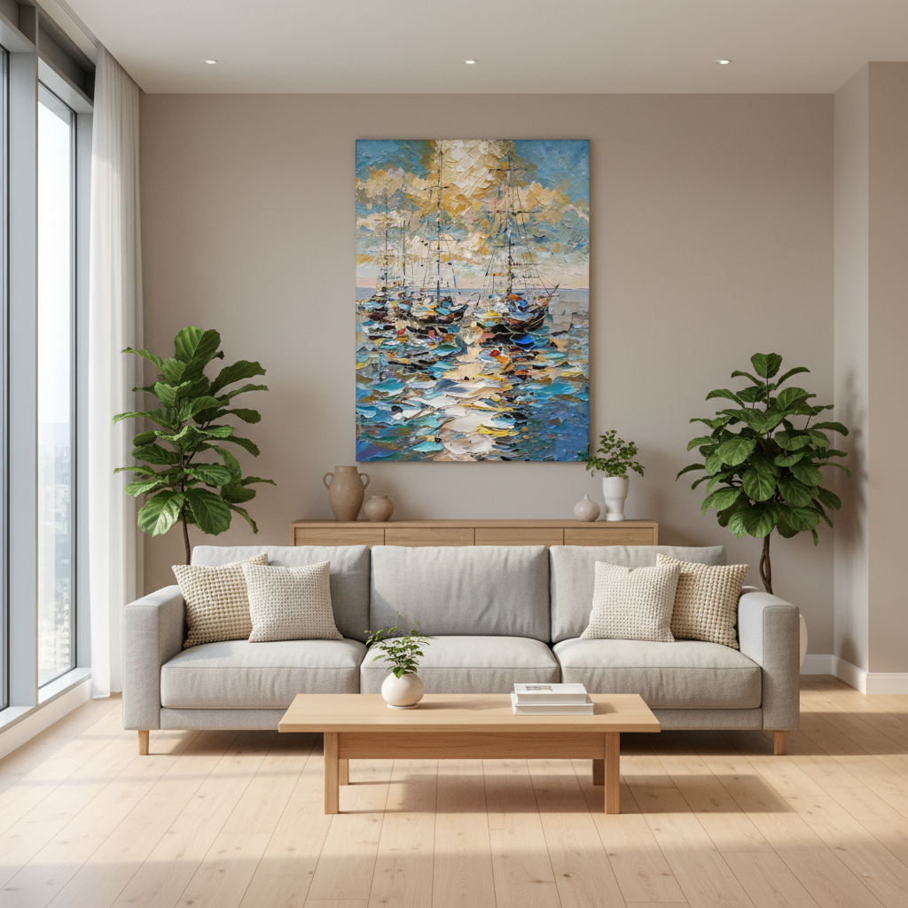 Stretched Hand-Painted "Harbor Moonlight" Oil Painting – Textured Nautical Statement Canvas for Coastal Elegance
